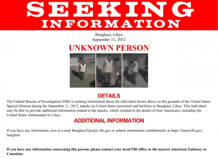 A FBI poster released on May 2, 2013 shows one of the three suspects who the agency is seeking information regarding the attack on the American diplomatic mission in Benghazi on September 11, 2012. The FBI on Thursday sought to advance its investigation into the September attacks on the U.S. diplomatic mission in Benghazi, Libya, releasing photographs of three men who it said were at the compound at the time.