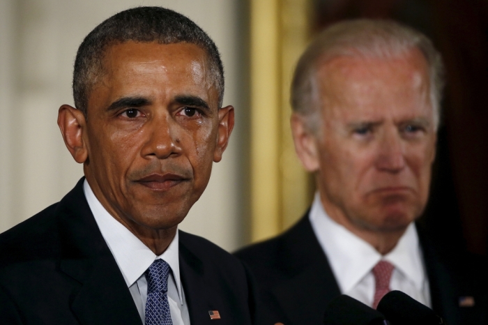U.S. President Barack Obama is seen in tears while delivering a statement on steps the administration is taking to reduce gun violence in the East Room of the White House in Washington January 5, 2016. Vice President Joe Biden is at right.