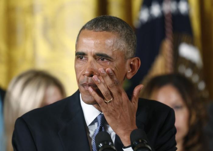 U.S. President Barack Obama wipes away tears while talking about Newtown and other mass shooting during an event held to announce new gun control measures, at the White House in Washington January 5, 2016. The White House unveiled gun control measures on Monday that require more gun sellers to get licenses and more gun buyers to undergo background checks, moves President Obama said were well within his authority to implement without congressional approval.