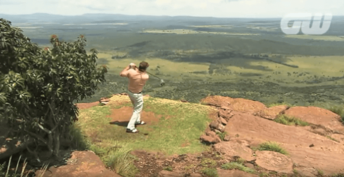 South Africa has a golfing course where a person can tee off of a mountain.