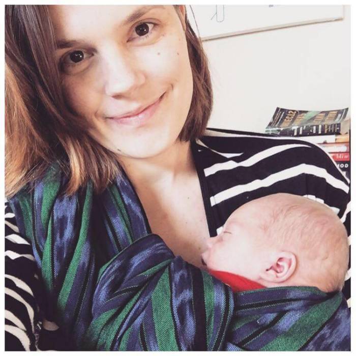 Kristen May holding new born son Graham, January 2015