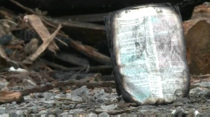 Newport, Tennessee, couple find family Bible opened to John 3:16 after fire destroys home, January 2016.