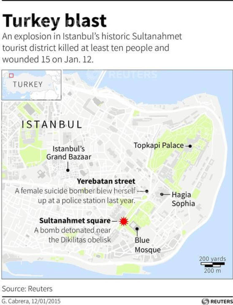 Map of Turkey's Istanbul locating Sultanahmet Square, where a blast killed at least 10 people on January 12, 2016.