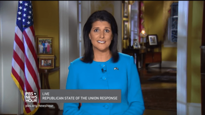 South Carolina Gov. Nikki Haley delivers the Republican response to President Barack Obama's State of the Union Address, Columbia, S.C., January 12, 2016.
