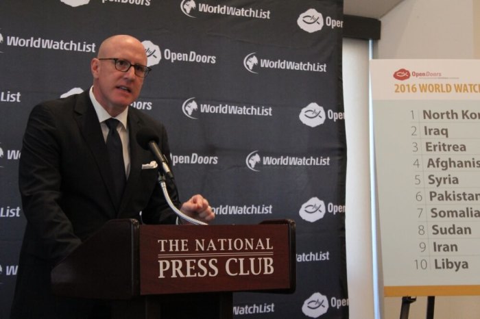 Open Doors CEO David Curry speaks at a press conference introducing the 2016 World Watch List at the National Press Club in Washington, D.C. on Jan. 13, 2016.