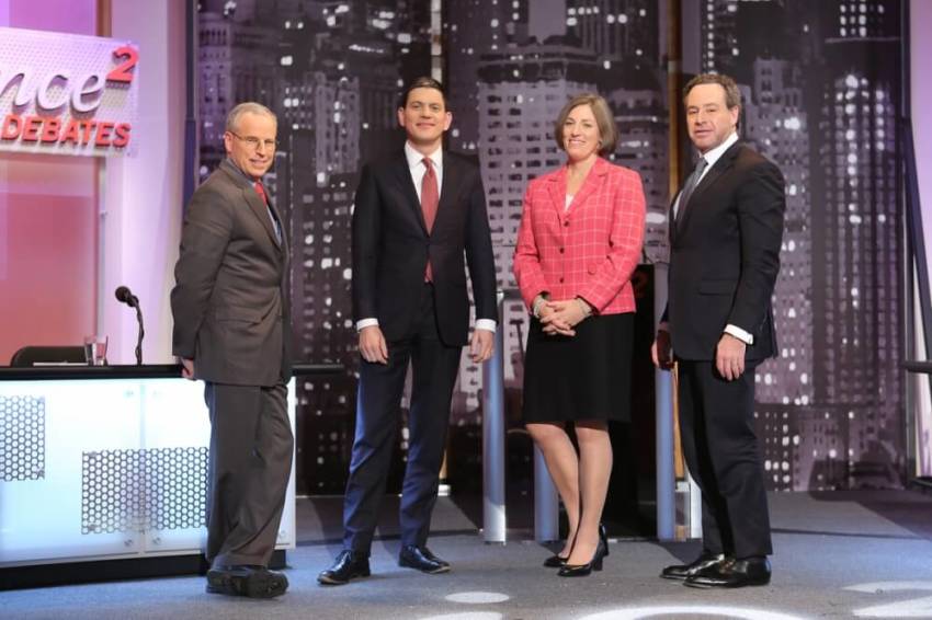 Robert Ford, Sr. Fellow, Middle East Inst., David Miliband, President & CEO, International Rescue Committee, Jessica Vaughan, Dir. of Policy Studies, Center for Immigration Studies, and David Frum Senior Editor, The Atlantic, at a refugee debate hosted by the Intelligence Squared U.S. organization in New York on January 13, 2015.