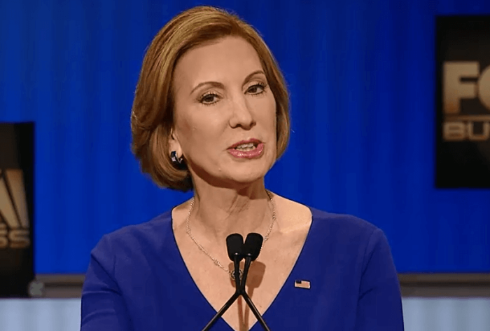 Former Hewlett-Packard CEO Carly Fiorina at a Republican debate sponsored by Fox Business in North Charleston, South Carolina on Thursday, January 14, 2016.
