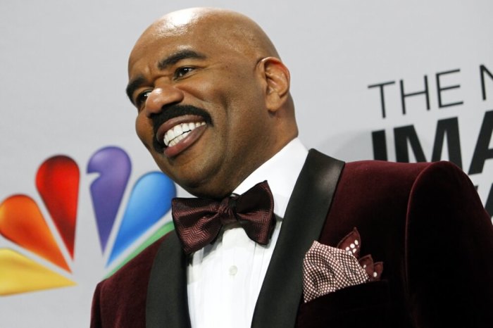 Host Steve Harvey smiles as he poses in the media room at the 44th NAACP Image Awards at the Shrine Auditorium in Los Angeles, California, February 1, 2013.