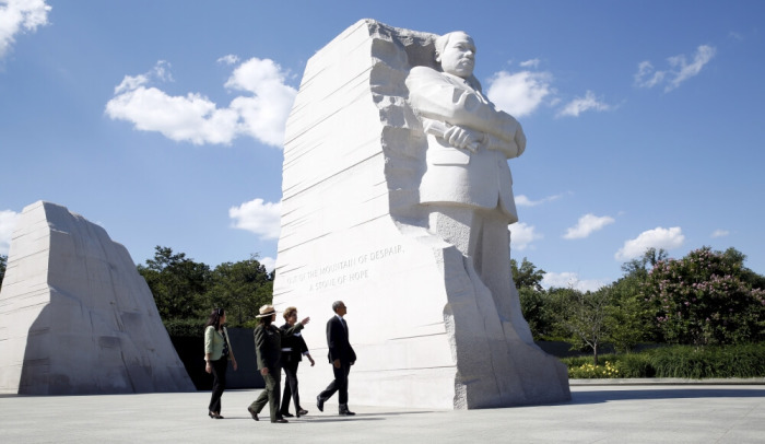 U.S. President Barack Obama and Brazil President Dilma Rousseff tour the Martin Luther King Jr. Memorial with a National Park Ranger in Washington June 29, 2015. REUTERS/Kevin Lamarque