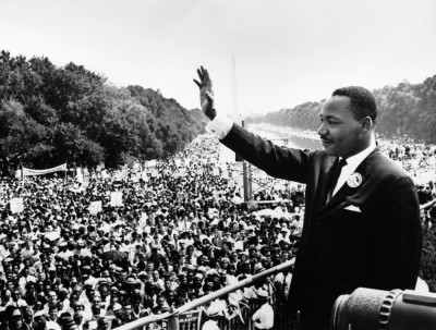 Martin Luther King Jr. addresses a crowd from the steps of the Lincoln Memorial where he delivered his famous 'I Have a Dream' speech during the Aug. 28, 1963, march on Washington, D.C.