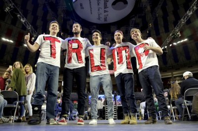 Liberty University students and supporters of Republican presidential candidate Donald Trump wear letters spelling his name before his speech at Liberty University in Lynchburg, Virginia, January 18, 2016.