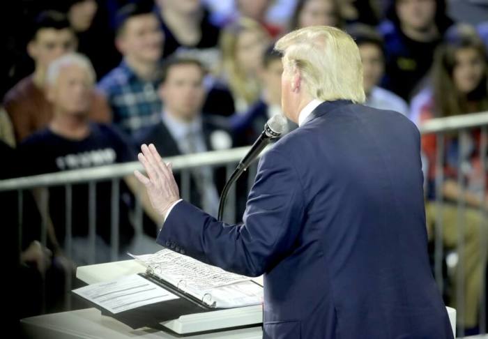 U.S. Republican presidential candidate Donald Trump speaks at Liberty University in Lynchburg, Virginia, January 18, 2016.