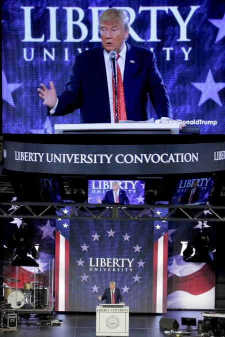 U.S. Republican presidential candidate Donald Trump is shown on a big screen as he speaks at Liberty University in Lynchburg, Virginia, January 18, 2016.
