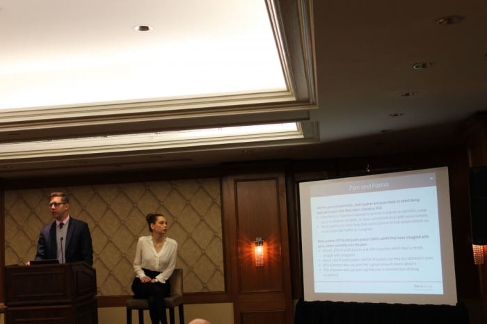 David Kinnaman, president of the Barna Group (podium) and Roxanne Stone, editor-in-chief of Barna Group present the findings of 'The Porn Phenomenon' at the Omni Berkshire Hotel in New York City on January 19, 2016.
