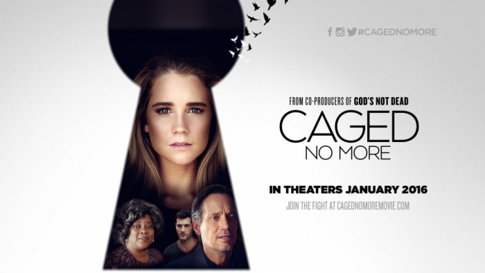 Poster art for 'Caged No More,' a film to bring awareness to human trafficking, 2016.