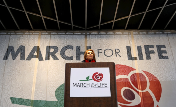 Republican presidential candidate Carly Fiorina speaks at the National March for Life rally in Washington January 22, 2016. The rally marks the 43rd anniversary of the U.S. Supreme Court's 1973 abortion ruling in Roe v. Wade.