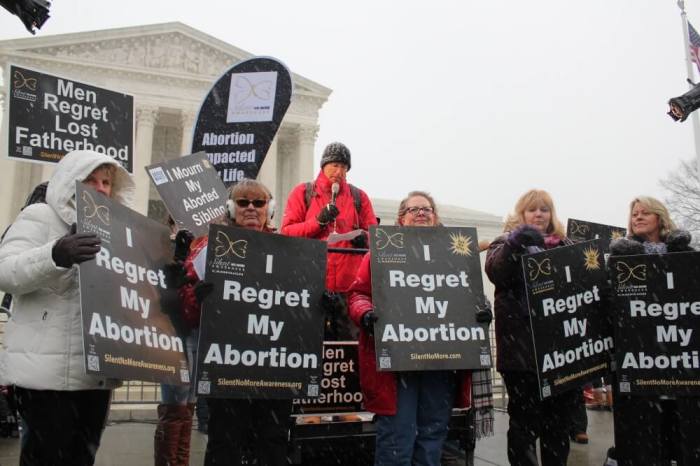 Abortion victims give their testimonies of how their decisions to get an abortion have caused them a lifetime of emotional and physical pain and suffering outside of the U.S. Supreme Court Building in Washington, D.C. on Jan. 22, 2016.