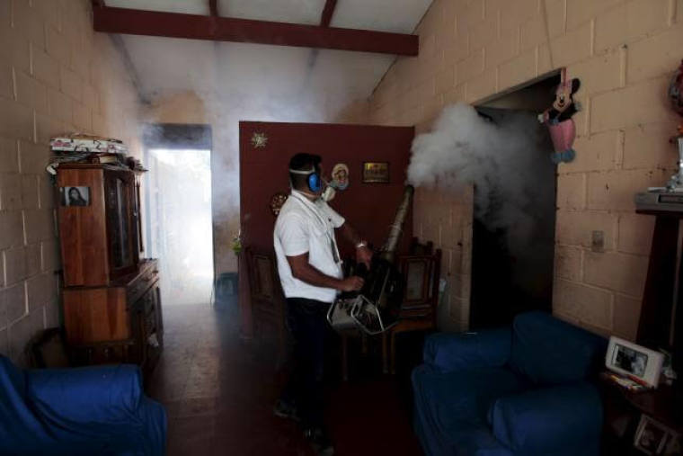 A health worker fumigates the Altos del Cerro neighbourhood as part of preventive measures against the Zika virus and other mosquito-borne diseases in Soyapango, El Salvador January 21, 2016.