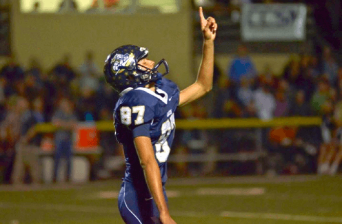 Jacob Enns, kicker for the Cambridge Christian School's football team in Florida, after making the game winning field goal that sent CCS into the state championship.