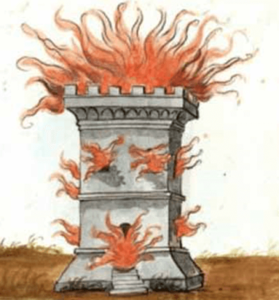 An illustration of a burning tower, attributed to Nostradamus.