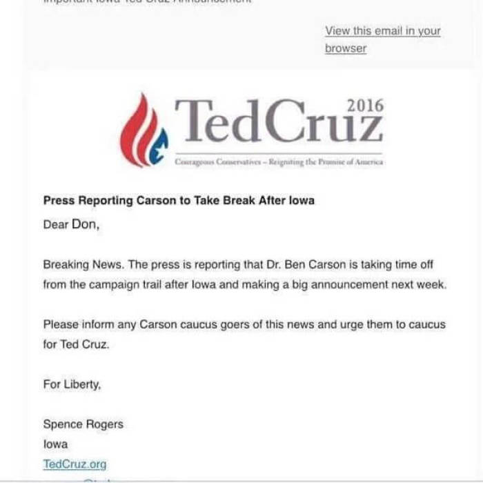 The email from Ted Cruz's campaign which allegedly sabotaged the campaign of Ben Carson in Iowa on Monday.