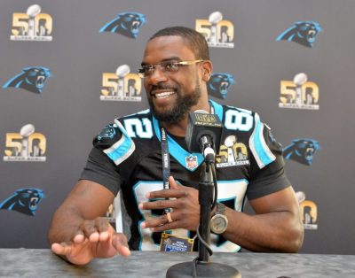 Carolina Panthers receiver Jerricho Cotchery addresses the media at press conference prior to Super Bowl 50 at the San Jose McNery Convention Center. Feb 2, 2016; San Jose, CA, USA.