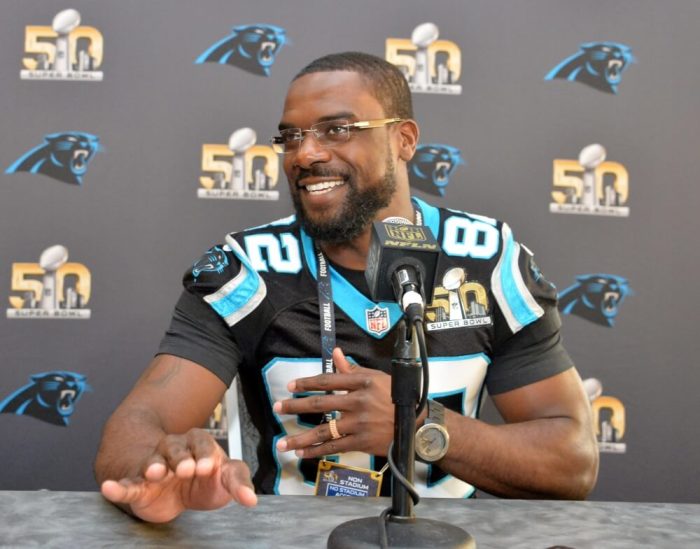 Carolina Panthers receiver Jerricho Cotchery addresses the media at press conference prior to Super Bowl 50 at the San Jose McNery Convention Center. Feb 2, 2016; San Jose, CA, USA.
