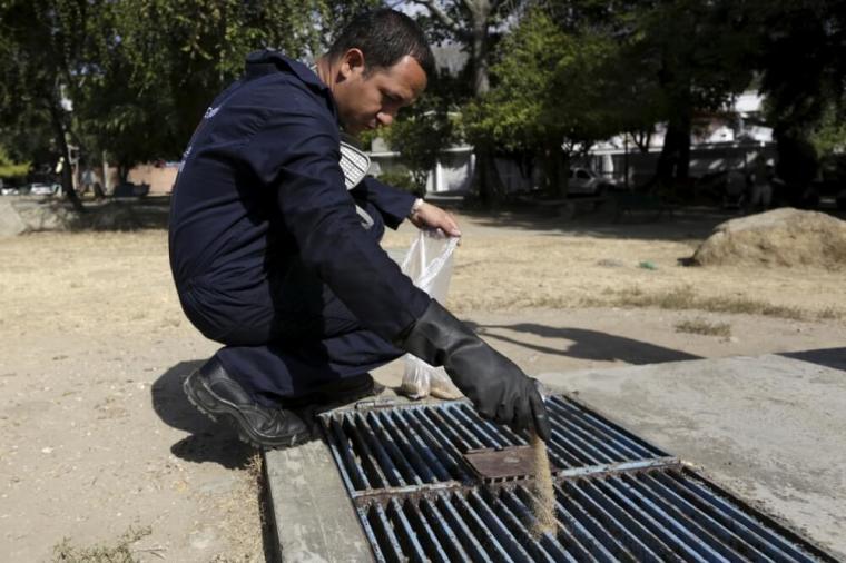 A municipal worker puts a chemical compound to kill mosquito larvae into a sewer, while he carries out fumigation activities to help control the spread of the mosquito-borne Zika virus in Caracas, Venezuela, January 28, 2016.