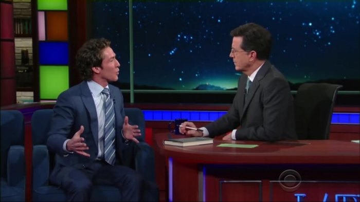 Pastor Joel Osteen stops by 'The Late Show' to talk with Stephen Colbert on February 2, 2016.