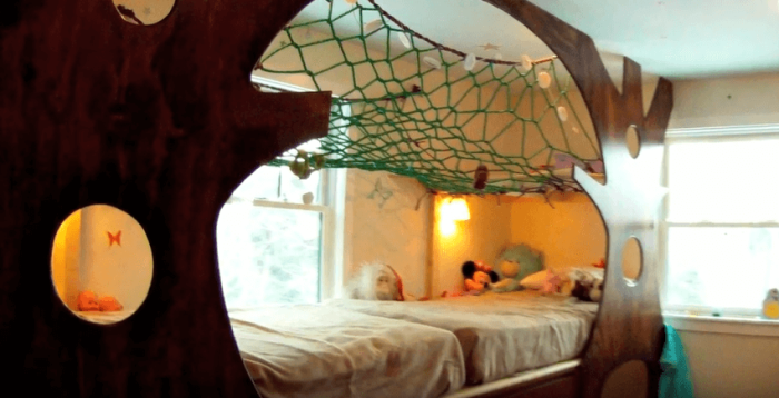 Father in Vermont makes treehouse-styled bed for daughter.
