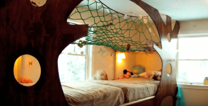 Father in Vermont makes treehouse-styled bed for daughter.