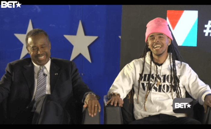 Rapper Dee-1 discusses race, poverty and policy with Dr. Ben Carson on BET, January 2016.
