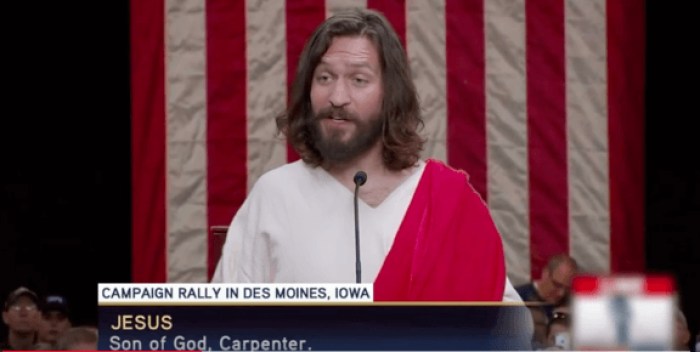 Actor poses as Jesus during a skit on ABC's 'Jimmy Kimmel Live' on February 3, 2016.