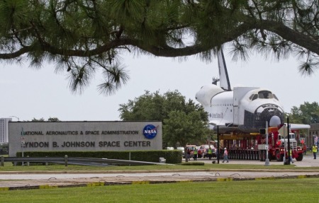 Space Shuttle replica "Explorer" arrives at the Lyndon B. Johnson Space Center in Houston after the journey from the Kennedy Space Center in Florida, June 3, 2012.