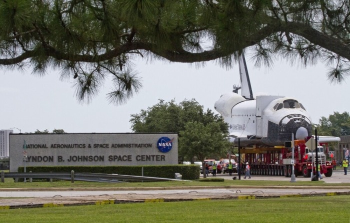 Space Shuttle replica 'Explorer' arrives at the Lyndon B. Johnson Space Center in Houston after the journey from the Kennedy Space Center in Florida, June 3, 2012.