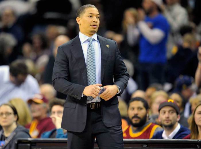 Cleveland Cavaliers head coach Tyronn Lue reacts after a 114-107 win over the Minnesota Timberwolves at Quicken Loans Arena.