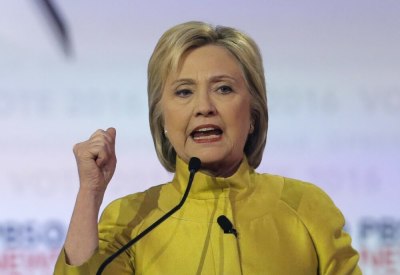 Democratic U.S. presidential candidate former Secretary of State Hillary Clinton speaks at the PBS NewsHour Democratic presidential candidates debate in Milwaukee, Wisconsin, February 11, 2016.