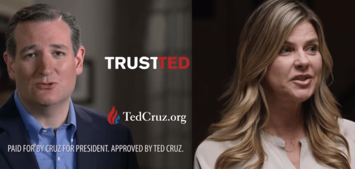 Republican presidential candidate Texas Sen. Ted Cruz (L) and actress Amy Lindsay, (R).