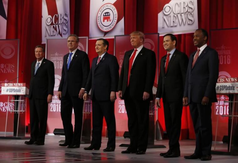 The remaining Republican U.S. presidential candidates, (L-R) Governor John Kasich, former Governor Jeb Bush, Senator Ted Cruz, businessman Donald Trump, Senator Marco Rubio and Dr. Ben Carson pose before the start of the Republican U.S. presidential candidates debate sponsored by CBS News and the Republican National Committee in Greenville, South Carolina February 13, 2016.