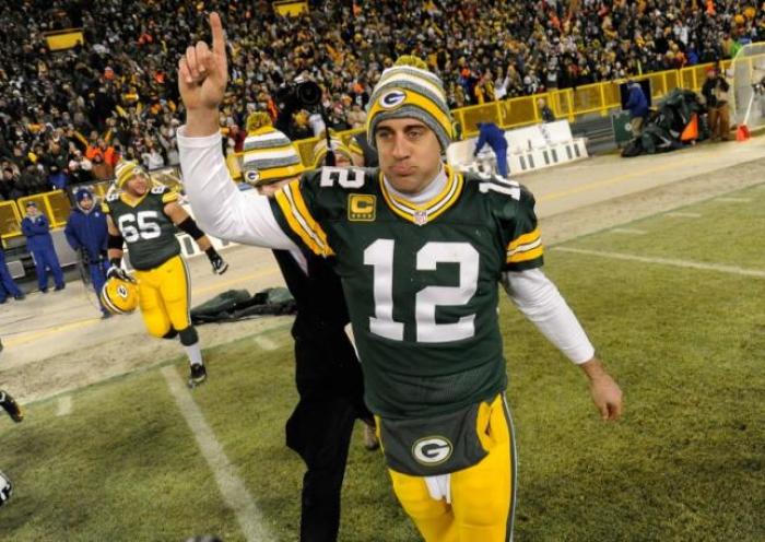 Aaron Rodgers of the Green Bay Packers in a game versus the Detroit Lions at Lambeau Field.