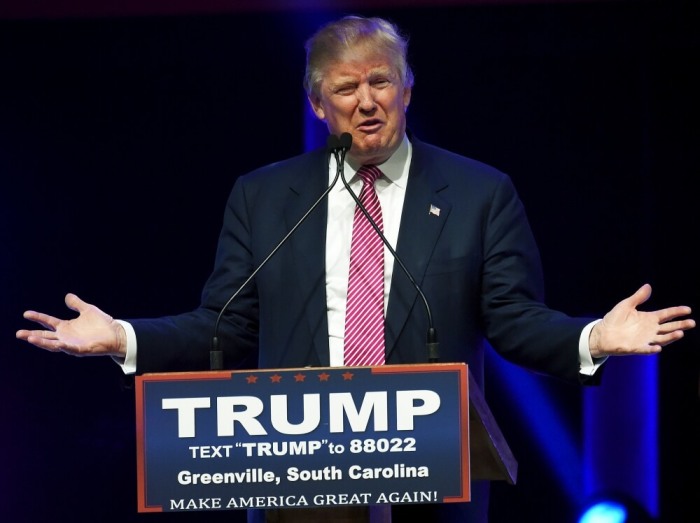 U.S. Republican presidential candidate Donald Trump speaks during a campaign rally in Greenville, South Carolina February 15, 2016.