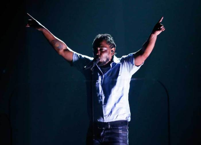 Kendrick Lamar performs a medley of songs at the 58th Grammy Awards in Los Angeles, California February 15, 2016.
