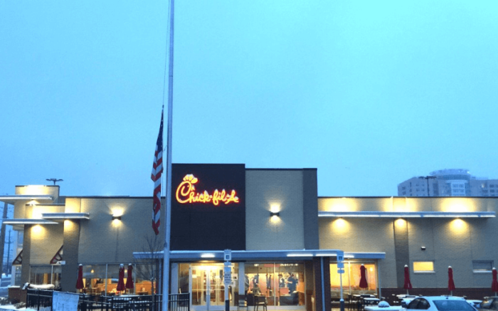 A Chick-fil-A restaurant with its flag at half mast in memory of Supreme Court Justice Antonin Scalia, who passed away on Saturday, February 13, 2016.