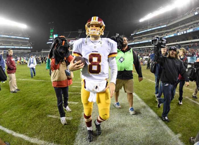 Washington Redskins quarterback Kirk Cousins (8) walks off the field after win against the Philadelphia Eagles at Lincoln Financial Field. The Redskins defeated the Eagles, 38-24.