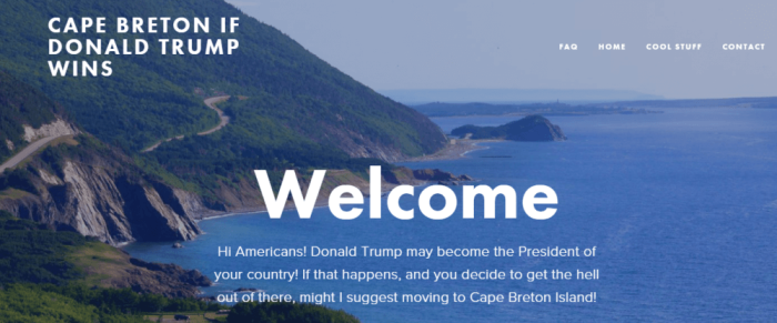 The home page for the site 'Cape Breton If Donald Trump Wins.'