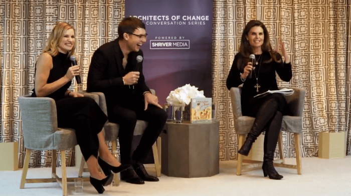 Pastor Judah Smith (C), sits down with Maria Shriver (R) in an Architects of Change Live conversation about the new children's book he wrote along with his wife Chelsea (L) titled 'I Will Follow Jesus Bible Storybook'