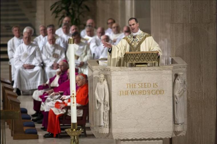 Father Paul Scalia, son of U.S. Supreme Court Justice Antonin Scalia, leads the funeral mass for his father at the Basilica of the National Shrine of the Immaculate Conception in Washington, February 20, 2016.