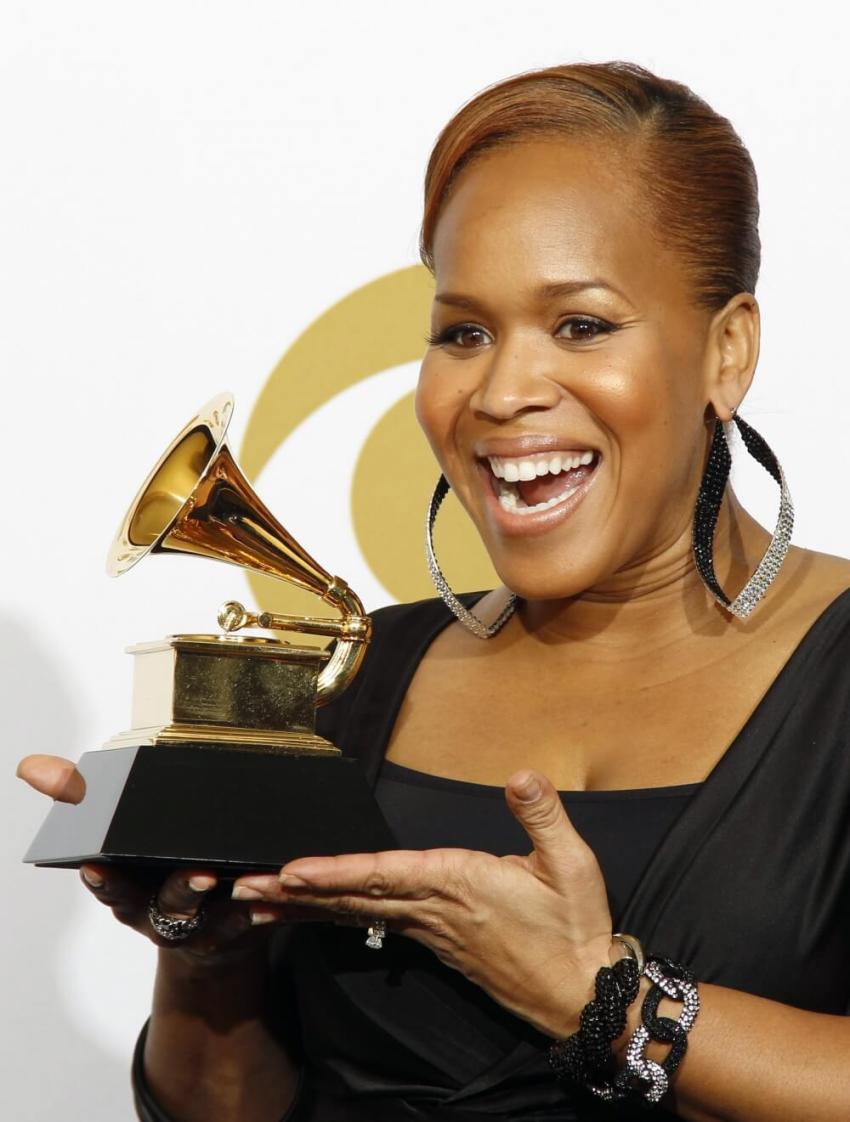 Tina Campbell poses with her award for best gospel song for "God In Me" at the 52nd annual Grammy Awards in Los Angeles, January 31, 2010.