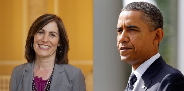 President and CEO of Ascend, Valerie Huber (L) and President Barack Obama (R).