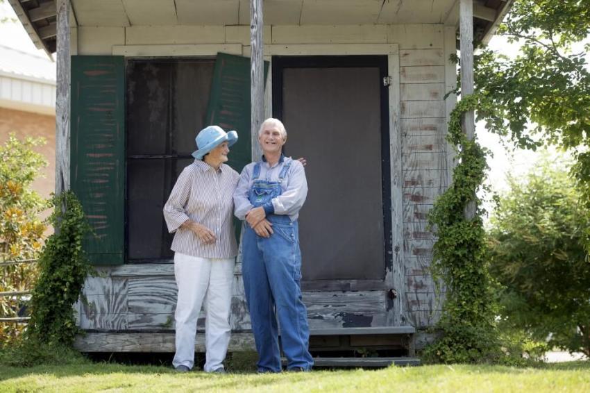Burnell Whigham talks with Robert Champion who plays Boo Radley during performances in Monroeville's Amphitheater at the Old Monroe County Courthouse in Monroeville, Alabama July 14, 2015. The amphitheater is used for performances of 